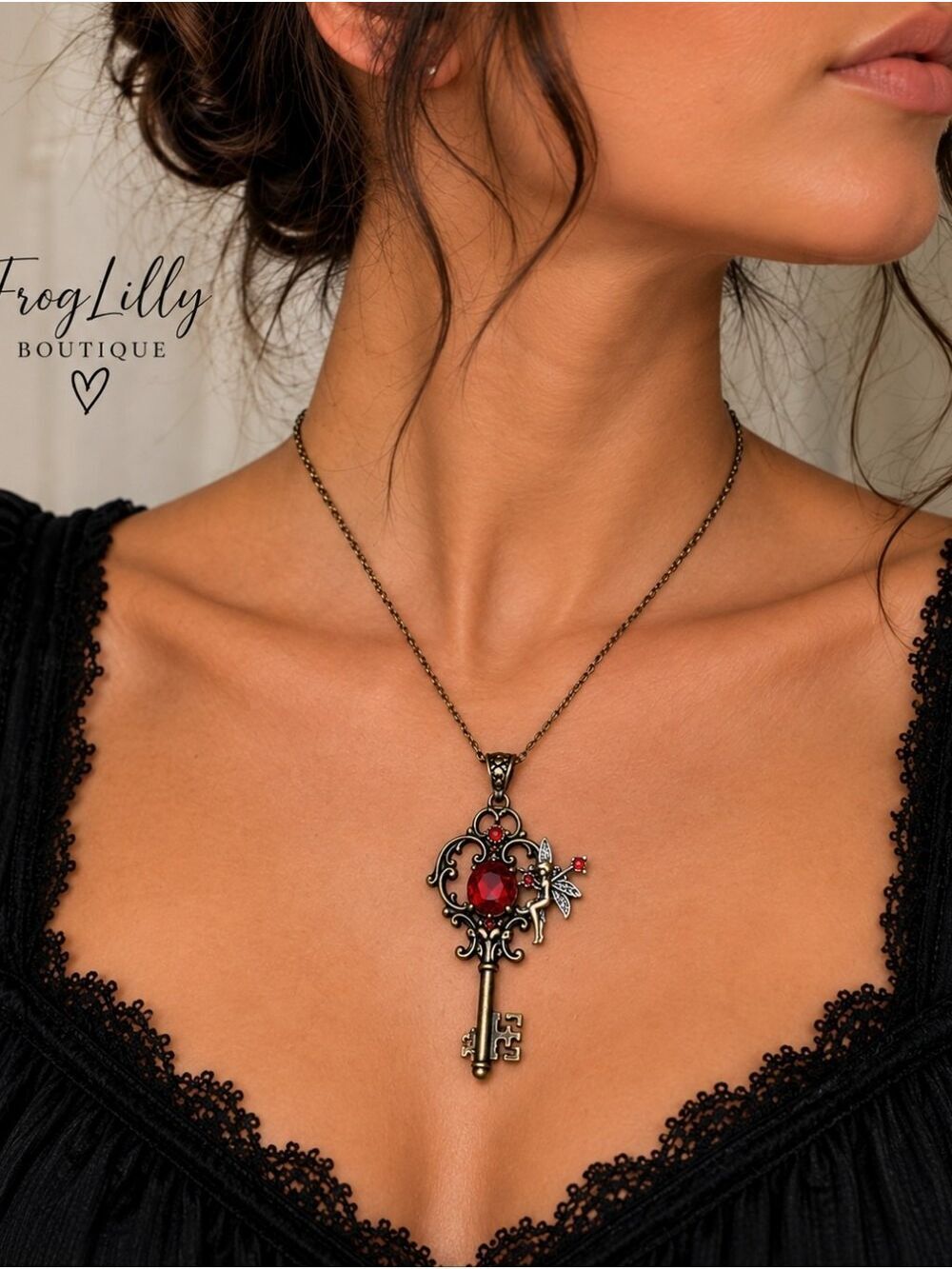 Vintage Key Necklace with Red Crystal Accent